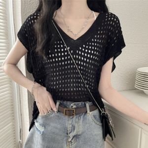 MUQZI Ngoại cỡ Áo thun Dệt kim khoét lỗ Rộng Cổ chữ V Áo len đan móc đi biển Giải trí Kem chống nắng Phụ nữ