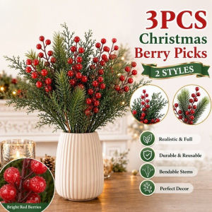 Artificial Christmas Red Berries Stems & Pine Needle Branches - Christmas Tree Decoration Set