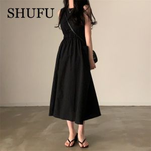 SHUFU 5109 🌿 สไตล์เกาหลี ชีฟอง เดรสสายเดี่ยวสำหรับผู้หญิง พลัสไซส์ คอกลม เดรสแขนกุด