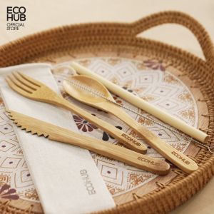 Dao Nĩa Muỗng Tre ECOHUB (6 món) Tự nhiên Dành cho du lịch dài 20cm Kèm túi vải | EH025