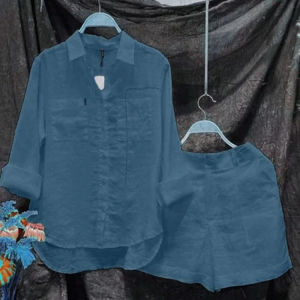 Women Cotton Linen Sets Long Sleeve Blouse Elastic Waist Shorts Suits Loose Comfortable Slim Fit House Clothes Pajamas