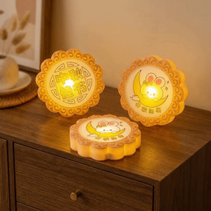 WARMSUN Plastic Simulated Mooncake Night Light Decorative Cartoon Glowing Mooncake Ornament Cute Rabbit Pattern Festival Ambient Lighting Home Decor