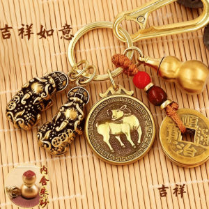 已开光 招财钥匙扣 手机链 礼物 Fortune-Taking Keychain Mobile Phone Chain Gift 工厂直发公母貔貅十二生肖福牌黄铜葫芦送朱砂经贸钥匙扣挂件批发