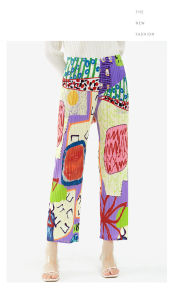 Miyake Women Pleated Straight Pants Temperament Korean Version Printing High Waist Casual 5815