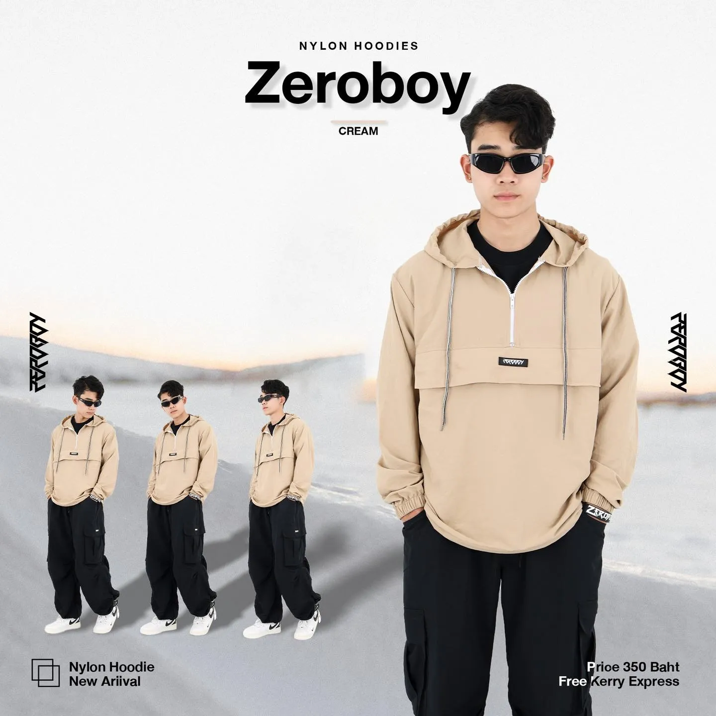 ZEROBOY - NYLON HOODIES “ รุ่น 5 สี สีขาว สีครีม สีเทา สีกรม สีดำ