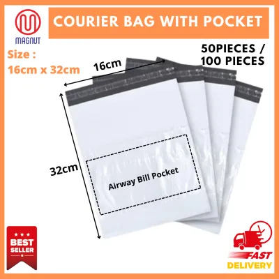 50 pieces / 100pieces - A5 size ( 16cm x 32cm ) White courier bag with pocket / packaging plastic bag