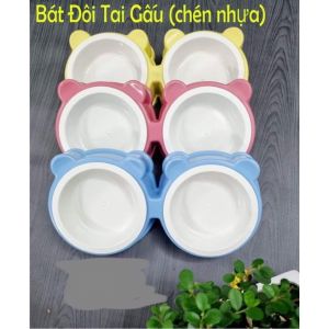 Bát ăn đôi kèm chén nhựa hình gấu cho thú cưng (chén nhựa rời)