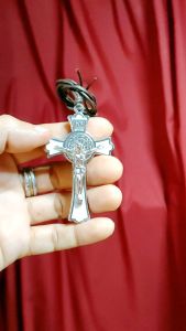 St Benedict White/Silver Metal Pendant Exorcism Crucifix for Protection Against Evil 1.75X3 inch. (free Chord Necklace)
