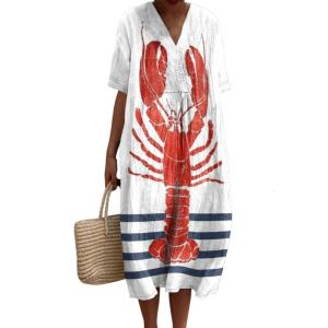 Women Summer Lobster Floral Print V Neck Flared Midi Long Dress Short Sleeve Casual Loose Dresses Robes with Pockets