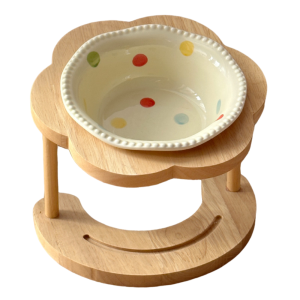PERNEAKY Anti Slip Ceramic Cat Bowl 15 Degree Inclined Anti Vomiting Elevated Cat Water Bowl Cartoon with Wooden Stand Raised Dog Food Bowl Kitten/Puppy/Bunny