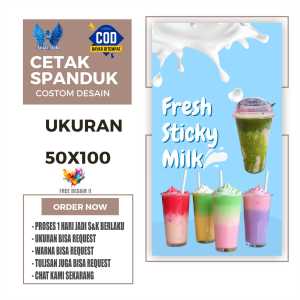 Cetak Spanduk Cetak Banner MINUMAN STICKY MILK  Desain B Ukuran 50x100 Costom Desain