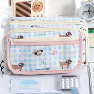 MIRACLE HOME STORE Multi-layers Kawaii Pencil Bag Zipper Large Capacity Pen Pencil Case Badge Pouch Cute Stationery Bag School