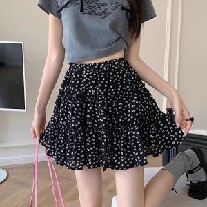 Women Floral Tiered Mini Skirt A Line Korean High Waist Half Skirt