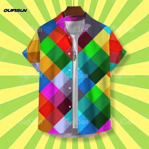 2568เสื้อเชิ้ตวินเทจสำหรับผู้ชายลายทางสีรุ้งเสื้อแขนสั้นเสื้อฮาวายเสื้อเชิ้ตพลัสไซส์กระดุมเสื้อผ้าลำลอง Henley