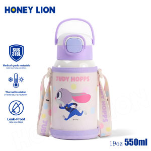 550ML 316L Medical Grade Vacuum Flask - 2-in-1 Sip & Chug Lid - 100% Leak-Proof Kids Thermos with Shoulder Strap & Silicone Base- HoneyLion