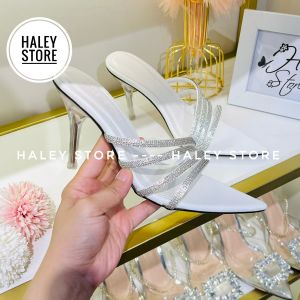 (FORM NHỎ- LẤY LÊN 1 SIZE)Guốc xoàn xéo nhọn HALEY STORE cao gót 9cm mũi nhọn quai xéo đính xoàn tiểu thư công chúa cô dâu tiệc cưới đi chơi