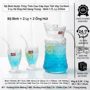 Bộ Bình Nước Thủy Tinh Vảy Cá Sang Trọng Kèm 2 Ly Có Chân - Bình 1.7L Ly 220ml Cao Cấp