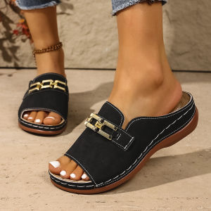 [Free Shipping] Metal-Decorated Roman-Style Fish-Mouth Beach Sandals Plus-Size New Summer Collection Wedge-Heeled Thick-Soled Slippers