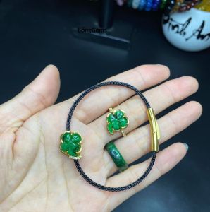 nhẫn nữ vàng tây cỏ 4 lá ngọc cẩm thạch tự nhiên vip bọc vàng trang sức đá phong thuỷ trang sức thiết kế đủ hoá đơn thẻ bảo hành