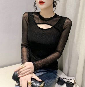 YIMEI Áo Lưới Dáng Ôm Nặng Mới Mùa Xuân 2023 Áo Thun Đính Cườm Thời Trang Áo Nữ Đáy Đa Năng Thời Trang Nữ