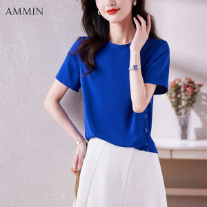 Ammin 2023 thời trang mới mùa hè tính khí lỏng lẻo với màu trơn crewneck lụa băng cotton T-Shirt cho phụ nữ