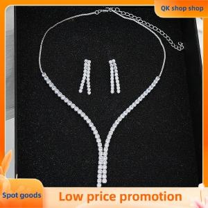 ✨QK shop✨ 2Pcs Simple Geometric Zircon Necklace Earrings Kit For Women Wedding Bride Jewelry Set Accessories Gift