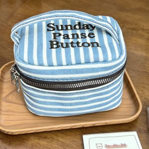 NOBLELUX Blue White Striped Square Storage Box Zipper Design Handheld Makeup Bag Waterproof Storage Case Women Girls