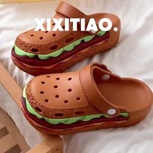 [Free Shipping] Creative Burger Womens Arch Support EVA Sandals for Beach and Summer Cartoon Casual Outdoor Thick-Soled Clogs