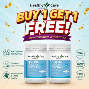 [BUY 1 GET 1 FREE] Australia Healthy Care 1000mg Fish Oil 400s Omega3 EPA DHA Odourless【Exp:Aug-2028】澳洲鱼油 无腥味 支持心脑血管健康