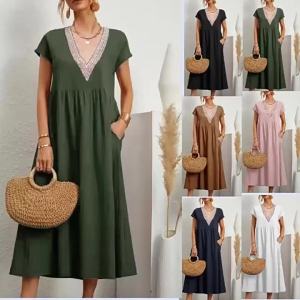 G7 AliExpress European and American Cross-Border New Solid Color Lace V Collared Sleeveless Loose Cotton Linen Pocketed Dress 7/7