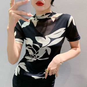 Yimei thời trang nửa cổ cao lưới áo in 2023 dáng ôm mới thanh lịch và xinh đẹp của phụ nữ t-shirt
