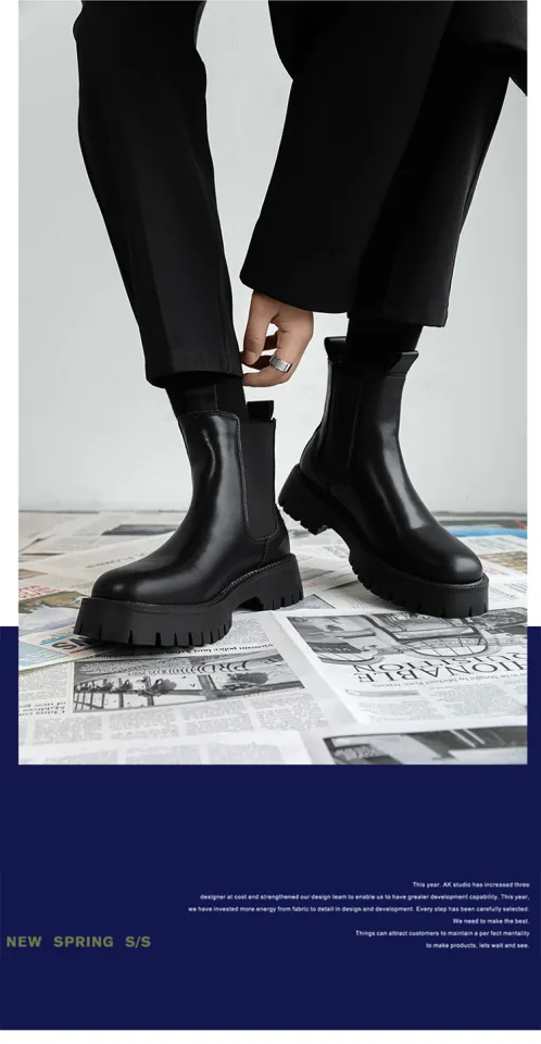 Black Genuine Leather Cowhide Mens Chelsea Boots Thick Soled Mens