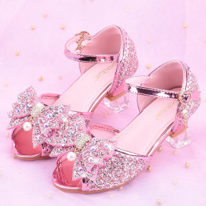 Children Princess Sandals Kids Girls Wedding Shoes High Heels Dress Shoes Bowtie Purple Pink Blue Silver Shoes For Girls