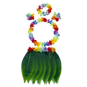 SKJK STUDIO 5Pcs Váy cỏ Bộ trang phục Luau Hawaii Lá mô phỏng Vòng hoa dâm bụt Trang phục khiêu vũ hoàn chỉnh Mới Vòng hoa Hawaii Trang phục đi biển Dành cho Trẻ em Người lớn