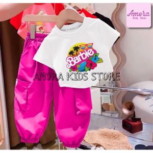 Setelan Baju Dan Celana Cargo Motif Barbie Anak Usia 1-5 Tahun Pakaian Anak Terlaris