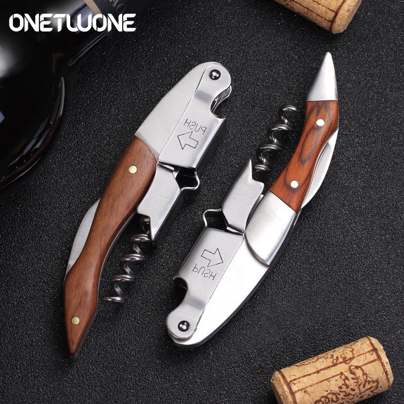 Onetwone Wood Handle Professional Waiter Corkscrew With PU Storage Bag, Stainless Steel Multifunctional Wine Opener & Foil Cutter
_voghion.com