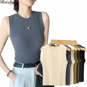 Ruizhijzg Wide Shoulder Sleeveless Singlet Womens Slim Vest Summer Ladies Girls Plain Color Elasticity Tank Top Round Neck Sleeveless Solid color T Shirts