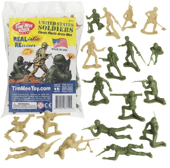 TimMee Plastic Army Men OD Green vs Tan 48pc Toy Soldier Figures Made  in USA เซ็ตตุ๊กตาทหาร ผลิตในสหรัฐอเมริกา 48 ชิ้น เหมาะสำหรับนักสะสม Great 