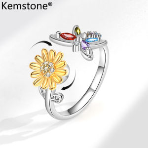 Đồ trang sức nhẫn bướm hướng dương nhẫn có thể điều chỉnh thể xoay cho nữ kemstone