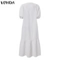 VONDA Women Fashion Solid Color Pleated Tunic Long Maxi Dresses V Neck Ruffled Hem Button Up Puff Sleeve Vestido (Plus Size). 