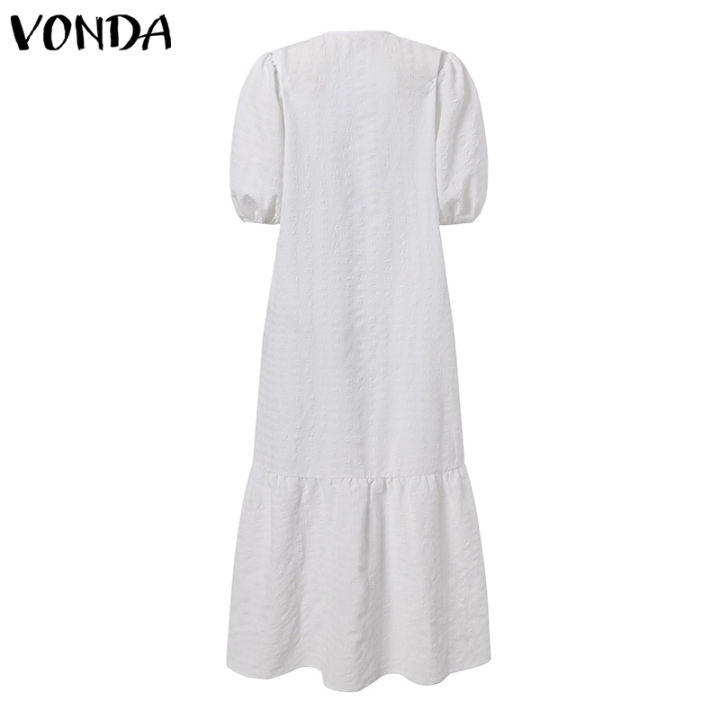 VONDA%20Women%20Fashion%20Solid%20Color%20Pleated%20Tunic%20Long%20Maxi%20Dresses%20V%20Neck%20Ruffled%20Hem%20Button%20Up%20Puff%20Sleeve%20Vestido%20(Plus%20Size)%20-%20Image%206