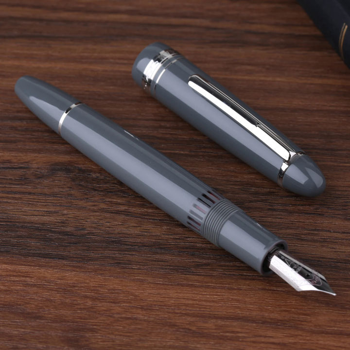 MAJOHN P136เรซิ่นลูกสูบน้ำพุปากกา Effmflat Nib สีเทาเขียนปากกา20หมึก ...