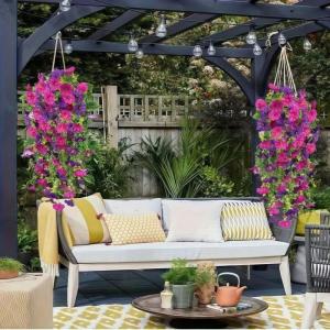 Ginca 2PCS Artificial Morning Glory Hanging Flowers Flower Outdoor Home Garden Wall Hanging Petunias Plants Wedding Decoration