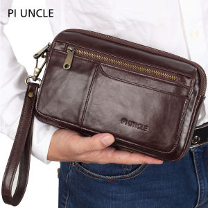 PI UNCLE Brand Most Popular Genuine Leather Mens Clutch Bags Hand Caught Bag Fashion Women Shopping Large Wallet Cards Cell Phone Pouch Long Money Purse Male Large Capacity Office Bag For Documents Multifunctional Male Wrist Bags Soft Natural Cowhide