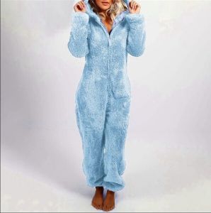 2024 Popular European and American Autumn and Winter Cross-Border Foreign Trade Fleece-lined Thickened Furry Jumpsuit Hooded Pajamas Womens Clothing 22 Color