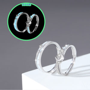 Starry Sterling Silver 925 Night Glow Couple Ring Fashion Versatile Zircon Ring Moon Pair Ring for Men and Women
