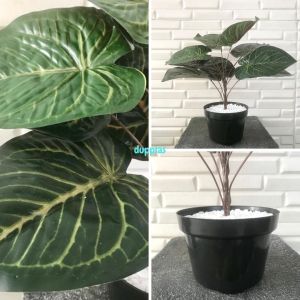 Tanaman Hias Pohon Plastik Daun Alocasia Violet X9 Pot Dasar & Pot Tawon Dekorasi Ruangan Rumah