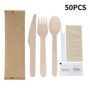 BHQ 50PCS Wooden Cutlery Set 16CM Dessert Spork Knife Spoon Disposable Utensils Cutlery Tableware Dinnerware