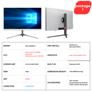 AOC A24A99-1 AIO All in One Desktop PC Computer 24 inch PC Full Set Intel Core i5 12th/13th Generation processor 16G RAM 1TB SSD Built-in bluetooth、WiFi、speaker For Home/Office/Gaming 1920*1080 Large IPS FHD Monitor