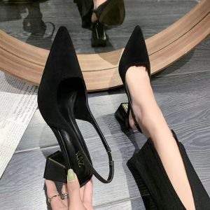 Temperament pointed toe shallow mouth thick heel one strap back hollow French simple high-heeled sandals
